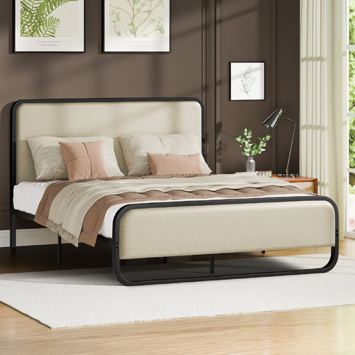 ALFORDSON Metal Bed Frame King Upholstered Headboard Fabric Beige Platform