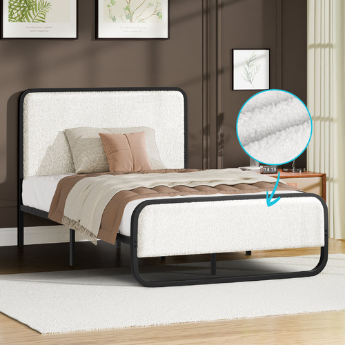 ALFORDSON Metal Bed Frame Single Upholstered Headboard Boucle White Platform