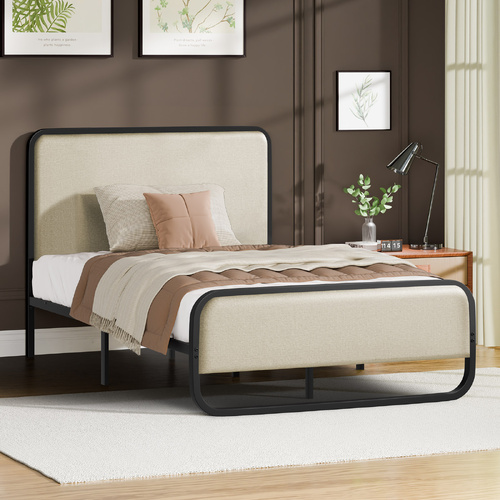 ALFORDSON Metal Bed Frame Single Upholstered Headboard Fabric Beige Platform