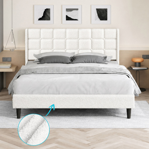 ALFORDSON Bed Frame Double Size Upholstered Wingback Boucle White Mattress Base