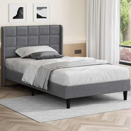 ALFORDSON Bed Frame King Single Upholstered Wingback Base Wood Fabric Grey SARAH