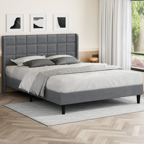 ALFORDSON Bed Frame Queen Size Upholstered Wingback Base Wood Fabric Grey SARAH