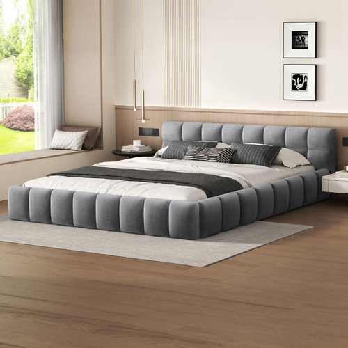ALFORDSON Bed Frame Double Size Tufted Headboard Foundation Grey Velvet TALMON