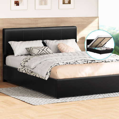 ALFORDSON Bed Frame Double Gas Lift Storage Adjustable Headboard Black LURIA