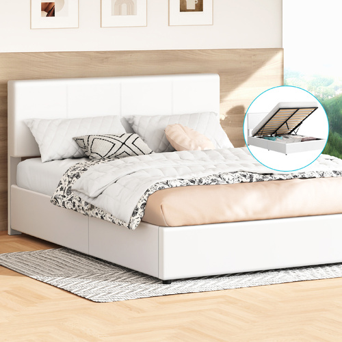 ALFORDSON Bed Frame Double Gas Lift Storage Adjustable Headboard White LURIA