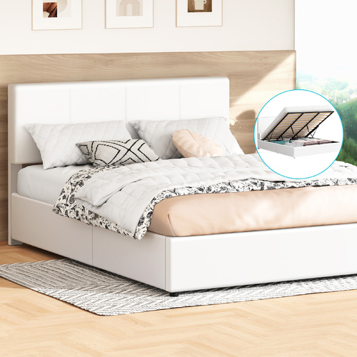 ALFORDSON Bed Frame King Gas Lift Storage Adjustable Headboard White LURIA