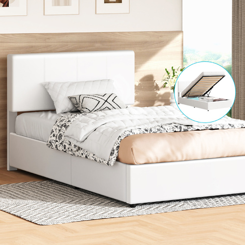 ALFORDSON Bed Frame Single Gas Lift Storage Adjustable Headboard White LURIA