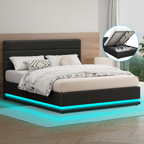 ALFORDSON Bed Frame Double Size Platform RGB LED Gas Lift Storage Base Charcoal