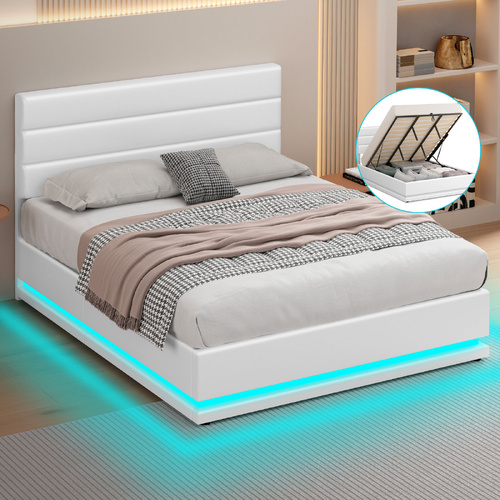 ALFORDSON Bed Frame King Size Platform RGB LED Gas Lift Base Storage White