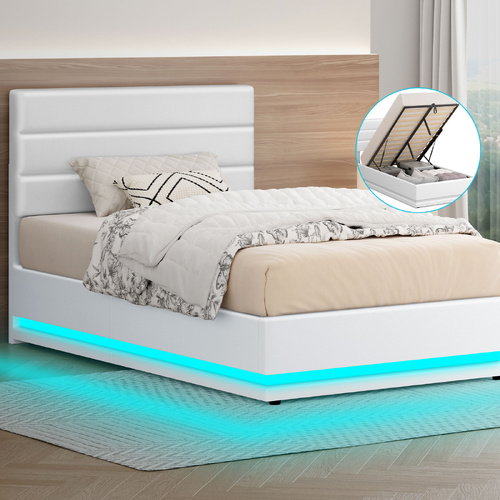 ALFORDSON Bed Frame King Single Platform RGB LED Gas Lift Base Storage White