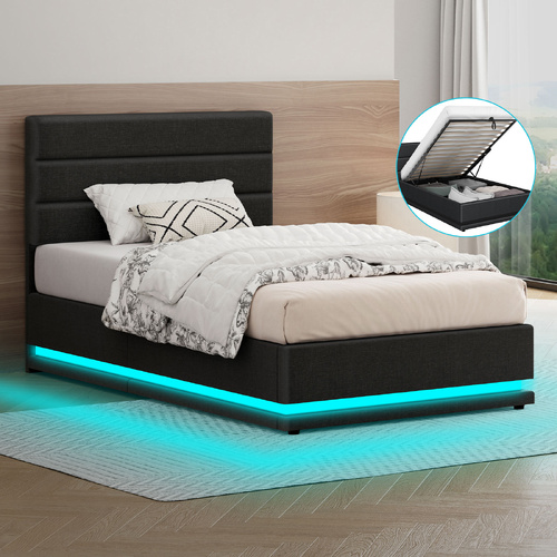 ALFORDSON Bed Frame Single Size Platform RGB LED Gas Lift Storage Base Charcoal