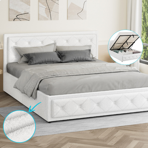 ALFORDSON Bed Frame Double Size Gas Lift Storage Base Boucle Fabric White