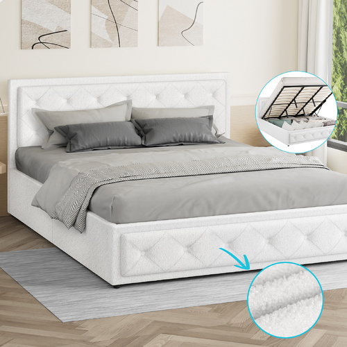 ALFORDSON Bed Frame King Size Gas Lift Storage Base Boucle Fabric White