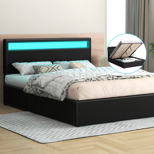 ALFORDSON Bed Frame Double Size RGB LED Gas Lift Storage Base Black LUCHINO
