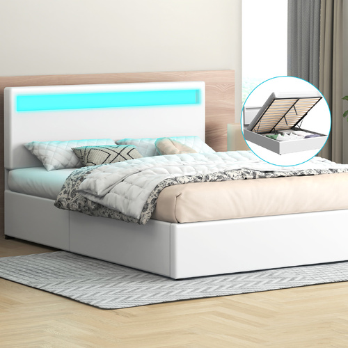ALFORDSON Bed Frame Double Size RGB LED Gas Lift Storage Base White LUCHINO