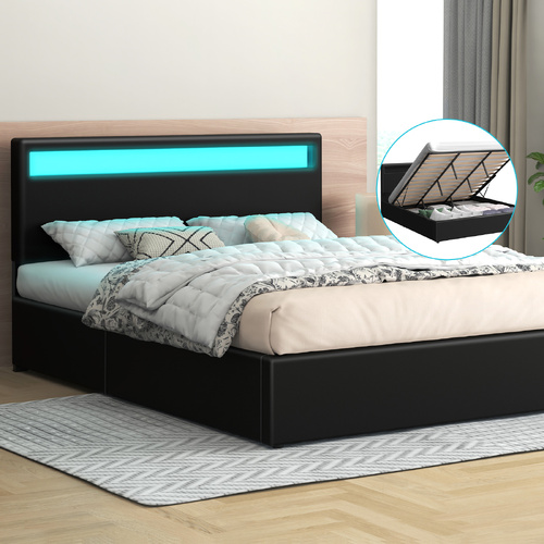 ALFORDSON Bed Frame King Size RGB LED Gas Lift Storage Base Black LUCHINO