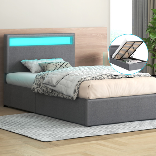 ALFORDSON Bed Frame King Single RGB LED Gas Lift Storage Base Grey LUCHINO