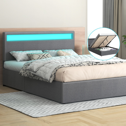 ALFORDSON Bed Frame Queen Size RGB LED Gas Lift Storage Base Fabric Grey LUCHINO