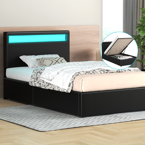 ALFORDSON Bed Frame Single Size RGB LED Gas Lift Storage Base Black LUCHINO