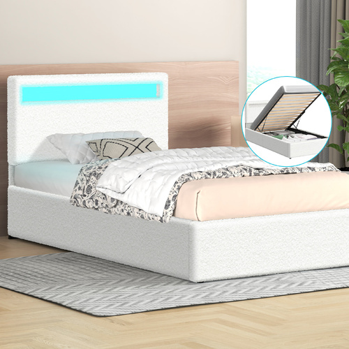 ALFORDSON Bed Frame Single Size RGB LED Gas Lift Storage Base Boucle LUCHINO