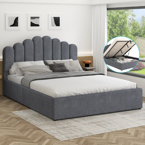 ALFORDSON Bed Frame Queen Size Gas Lift Storage Base Wooden Grey MILTON