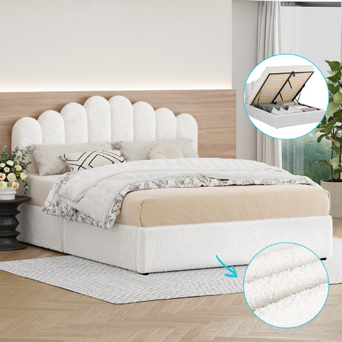 ALFORDSON Bed Frame Queen Size Gas Lift Storage Base Wooden Boucle White MUTIS