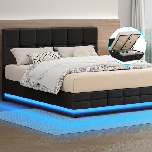 ALFORDSON Bed Frame Double Size Platform RGB LED Gas Lift Base Storage Charcoal