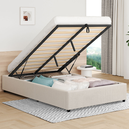 ALFORDSON Bed Frame King Single Gas Lift Storage Mattress Base Beige BARLOW