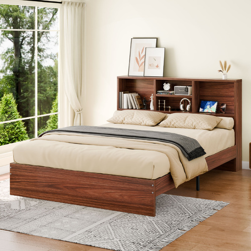 ALFORDSON Wooden Bed Frame Queen Size with Bookshelf Storage Headboard Walnut