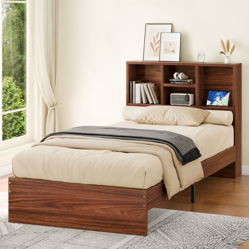 ALFORDSON Wooden Bed Frame Single Size with Bookshelf Storage Headboard Walnut