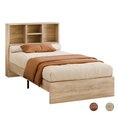 ALFORDSON Wooden Bed Frame Single Size Base with Bookshelf Storage Headboard Oak