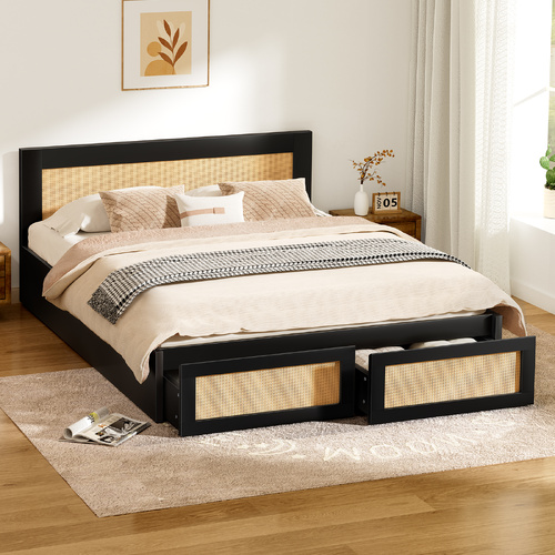 ALFORDSON Wooden Bed Frame Double Size Rattan Bed Base with Storage Drawer Black