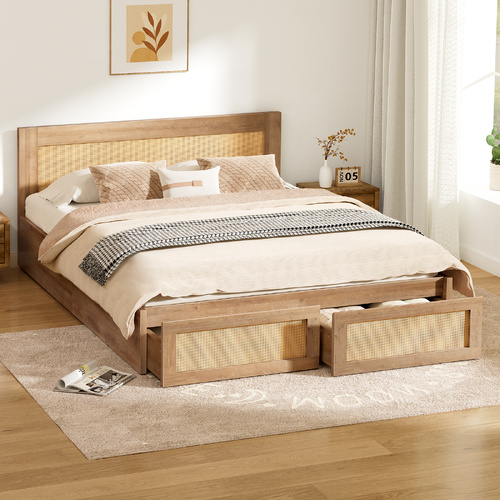 ALFORDSON Wooden Bed Frame Queen Size Rattan Bed Base with Storage Drawers Oak