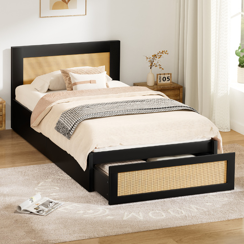ALFORDSON Wooden Bed Frame Single Size Rattan Bed Base with Storage Drawer Black