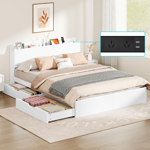 ALFORDSON Wooden Bed Frame Queen Size with Charging Station & 2 Drawers White