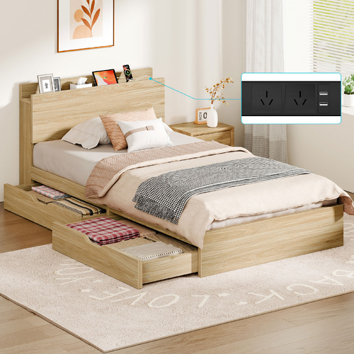 ALFORDSON Wooden Bed Frame Single Size with Charging Station & 2 Storage Drawers