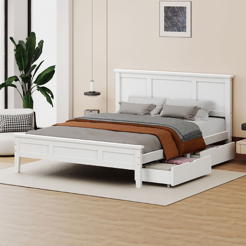 ALFORDSON Wooden Bed Frame Double Size Mattress Base Pine Timber 2 Drawers White