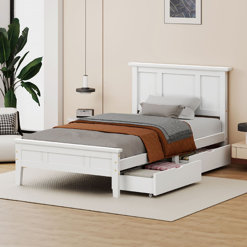 ALFORDSON Wooden Bed Frame King Single Mattress Base Pine Timber 2 Drawers White