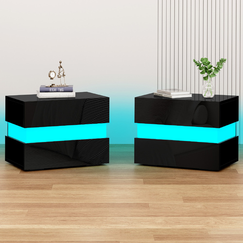 ALFORDSON 2x Bedside Table RGB LED Nightstand 2 Drawers 4 Side High Gloss Black