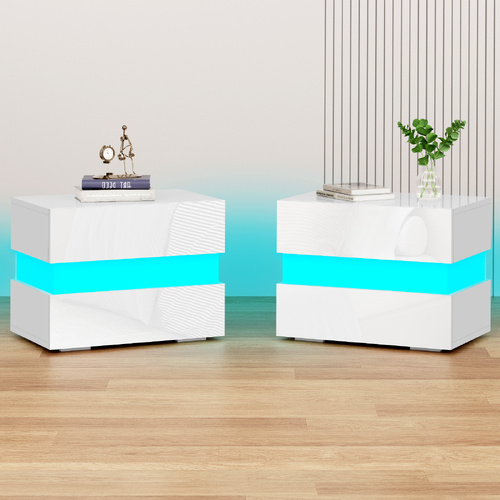 ALFORDSON 2x Bedside Table LED Nightstand 2 Drawers Gloss White