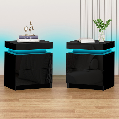 Alfordson 2x Bedside Table RGB LED Nightstand 2 Drawers 4 Side High Gloss Black