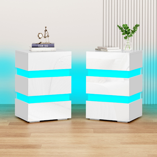 Alfordson 2x Bedside Table LED Nightstand 3-Drawer Gloss White