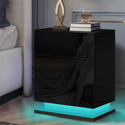 ALFORDSON Bedside Table RGB LED Nightstand 3 Drawers 4 Side High Gloss Black