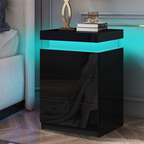 ALFORDSON Bedside Table RGB LED Nightstand 3 Drawers 4 Side High Gloss Black