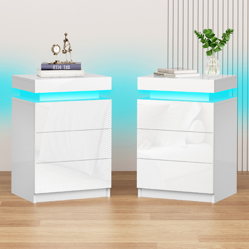 Alfordson 2x Bedside Table LED Nightstand 3 Drawers High Gloss White