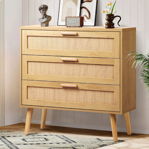 ALFORDSON 3 Chest of Drawers Storage Cabinet Rattan Dresser Lowboy Oak