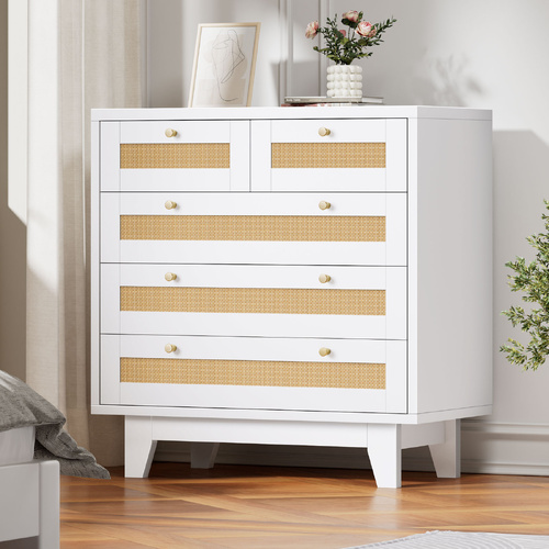 ALFORDSON 5 Chest of Drawers Rattan Storage Cabinet Dresser Tallboy White