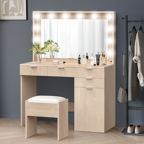 ALFORDSON Dressing Table Stool Set Makeup Mirror Desk 12 LED Bulbs Wood