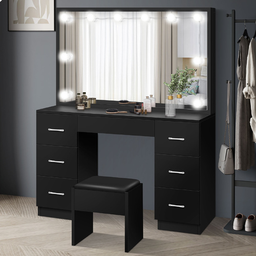 ALFORDSON Dressing Table Stool Set Makeup Mirror Desk LED 10 Bulbs Black