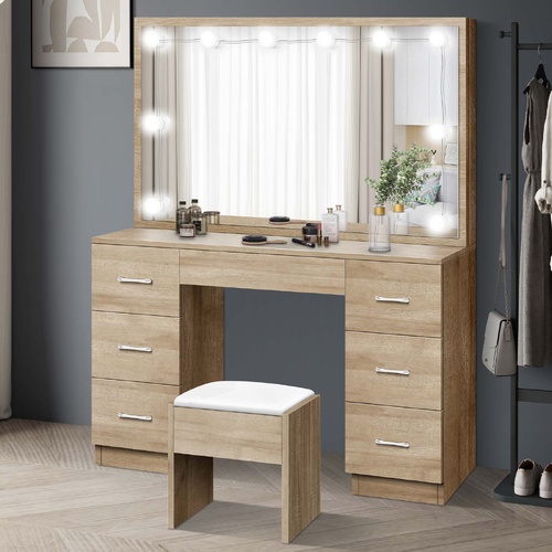 ALFORDSON Dressing Table Stool Set Makeup Mirror Desk LED 10 Bulbs Wood